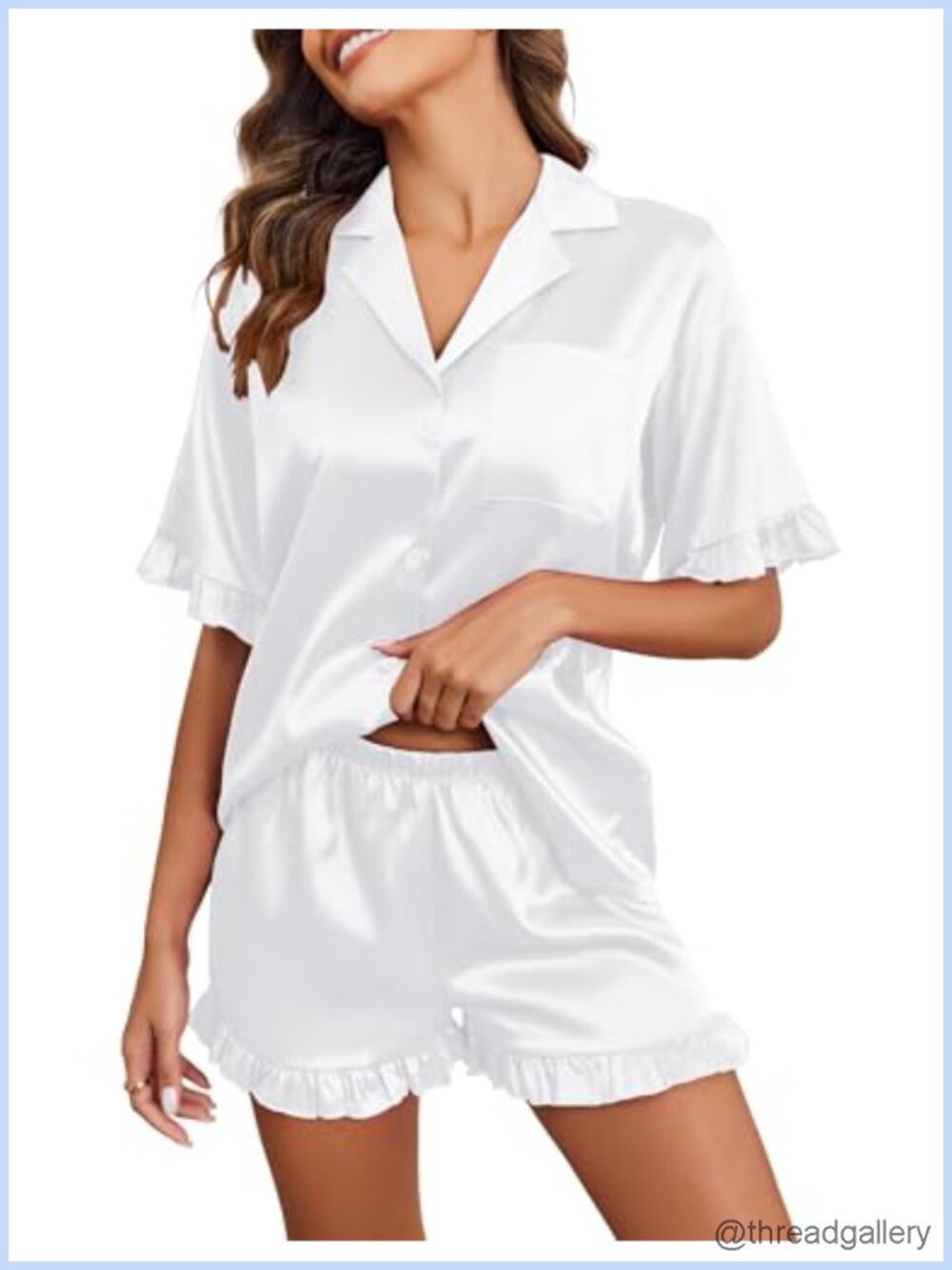 Satin Pajama Set Women 2 Piece Short Sleeve Sleepwear Button Ruffled